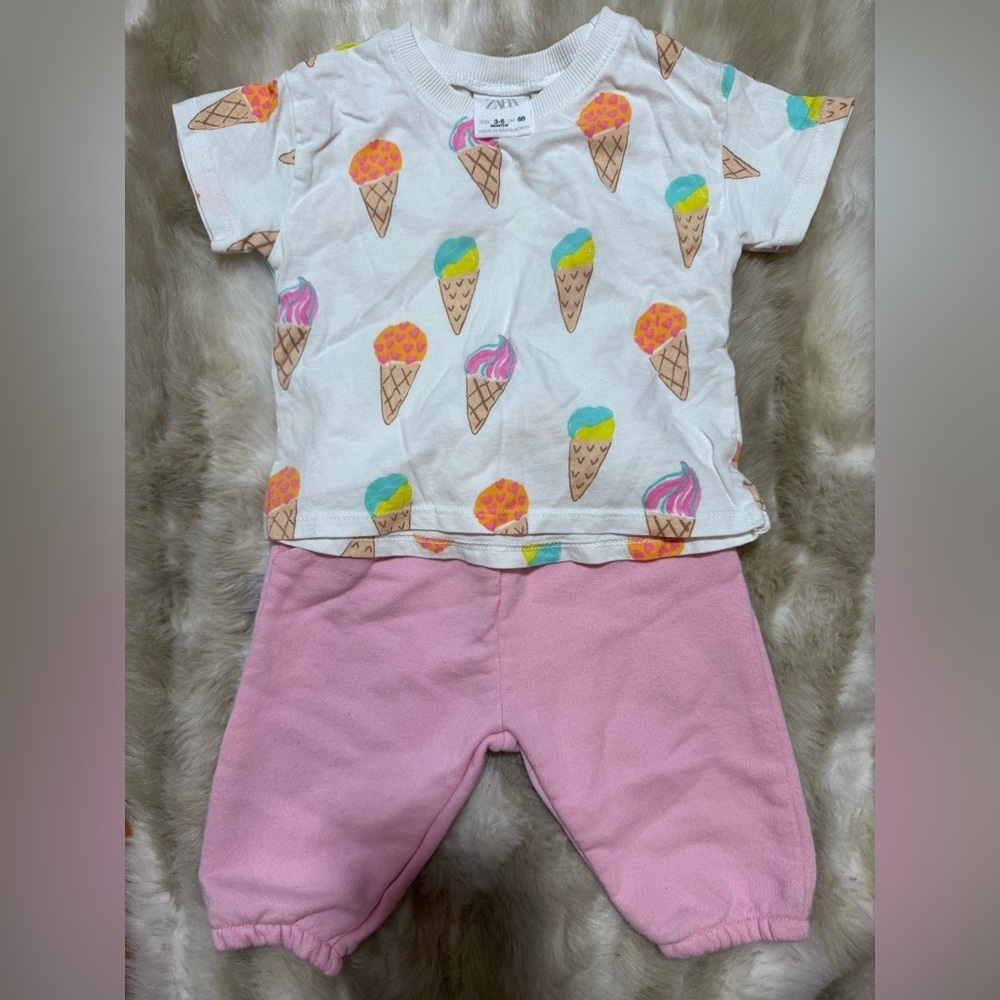 Zara Baby Girl Ice Cream Print Top and Pink Pants Set 3-6M
